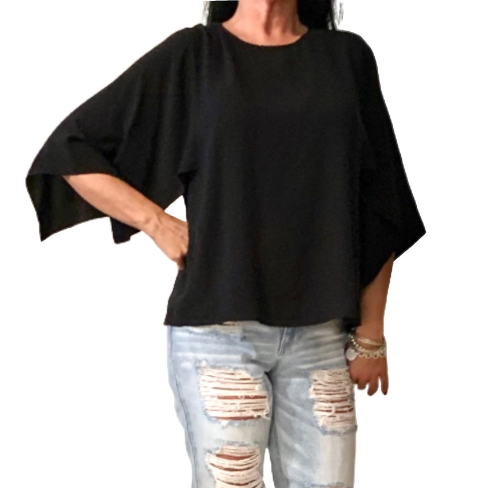 Eileen Fisher Black Silk Georgette Crepe Bell Sleeve Top.